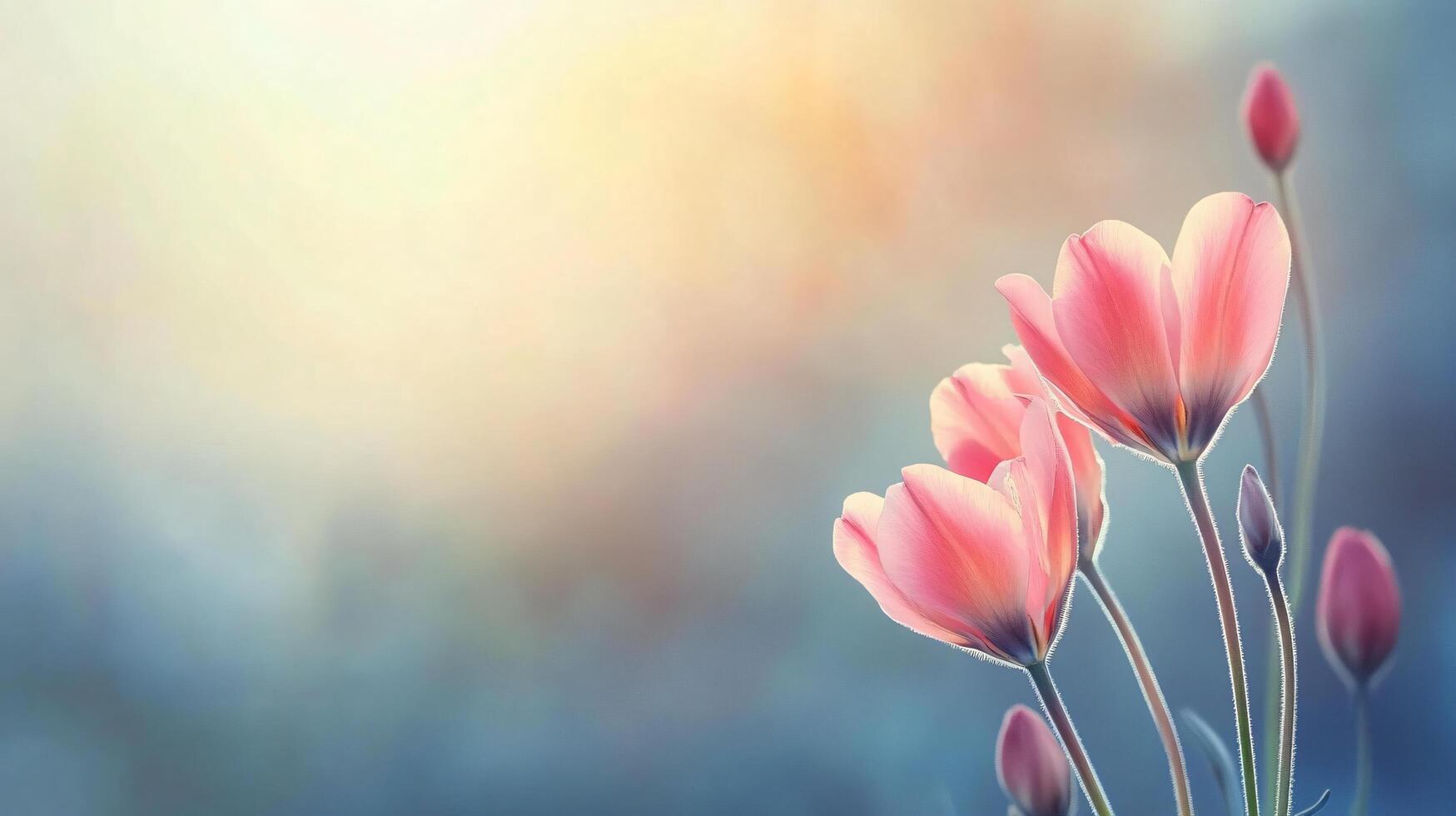 Close up of three pink flowers with a blue background. The flowers are in full bloom and the background is a light blue color. Concept of peace and tranquility, as the flowers are a symbol of love photo