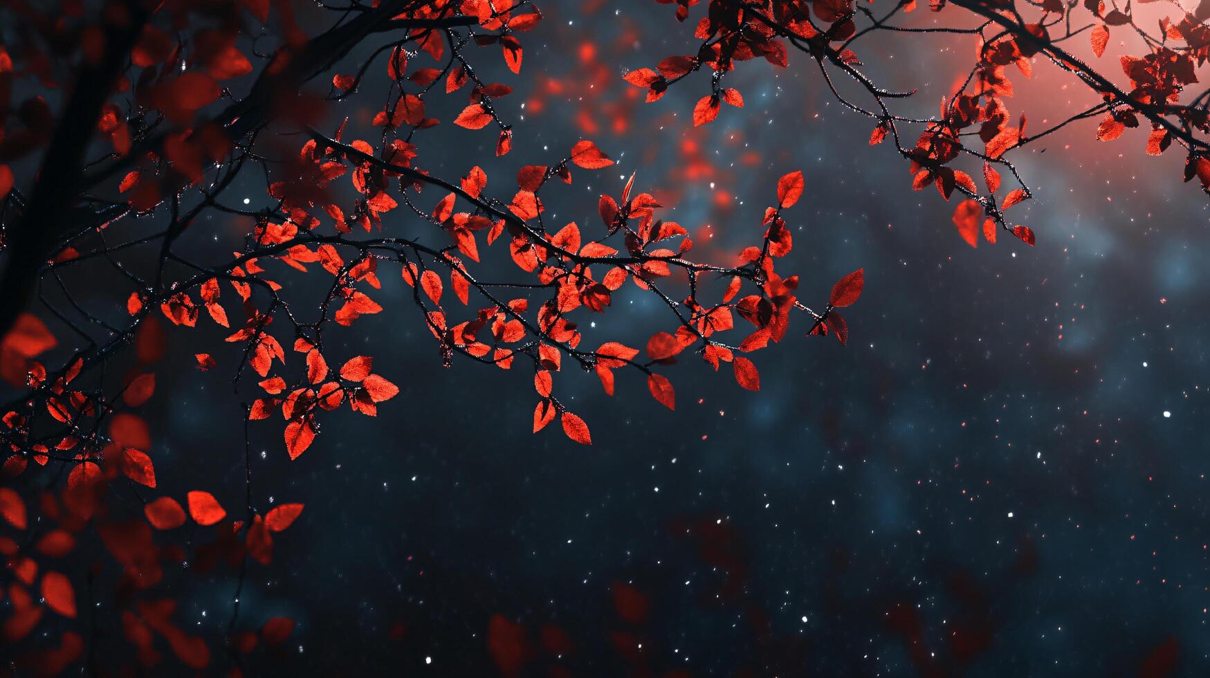 Branch with red leaves and snow falling on it. Concept of tranquility and peacefulness photo