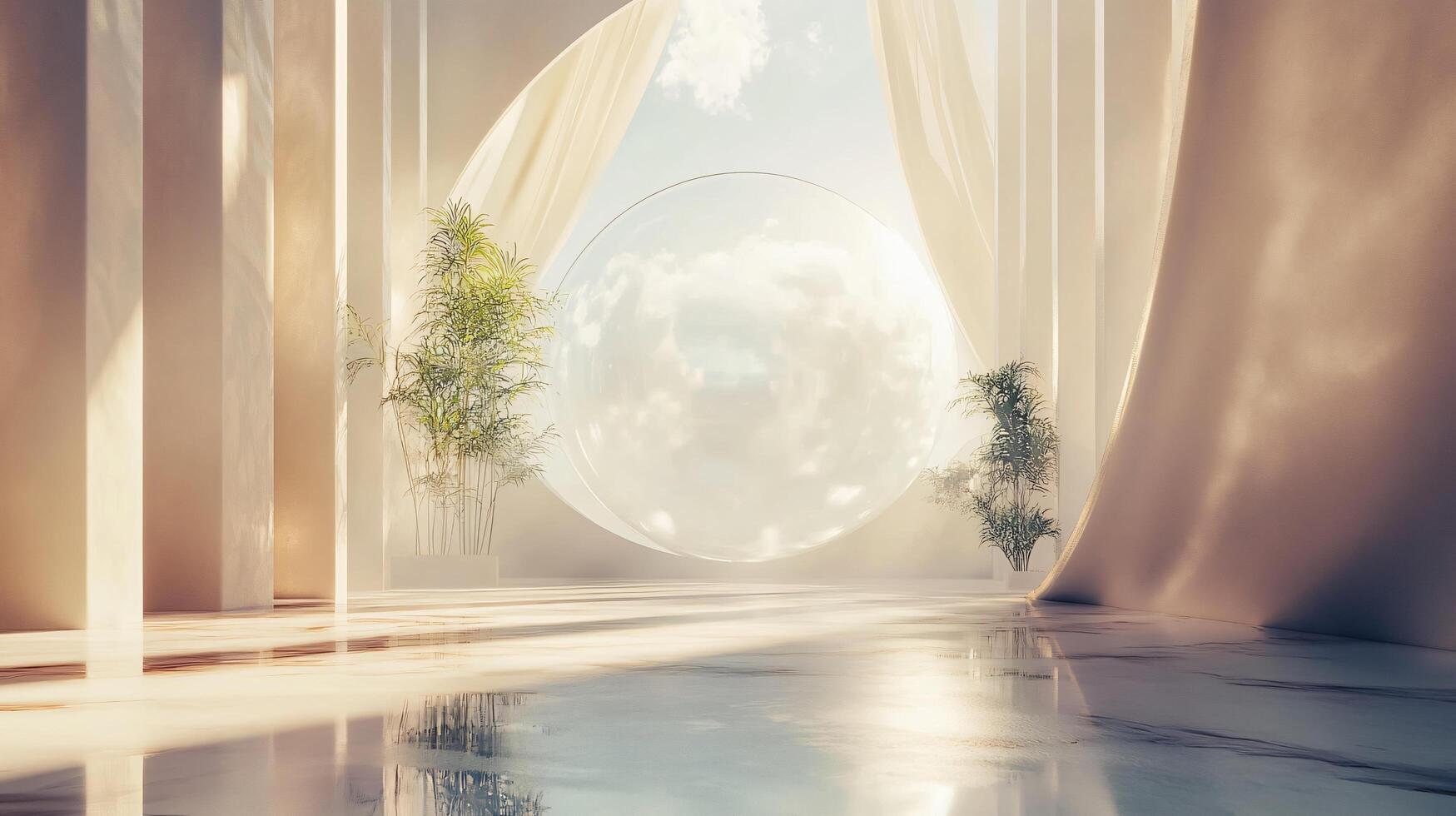 White room with a large circular window and two potted plants. The room is empty and the plants are the only objects in the room. The plants are placed on either side of the window photo