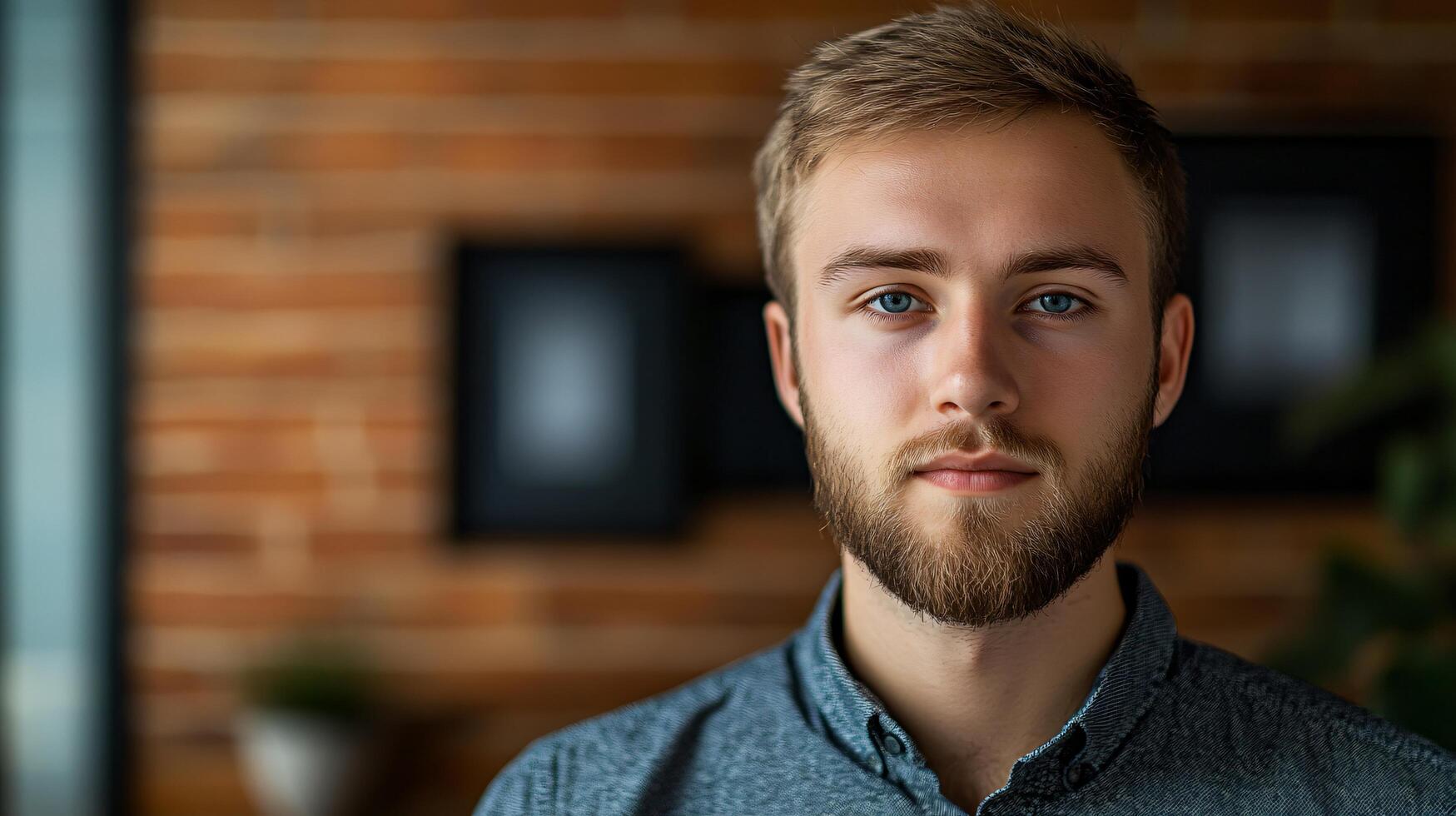 Man with a beard and blue eyes is smiling for the camera. He is wearing a blue shirt and standing in front of a brick wall photo