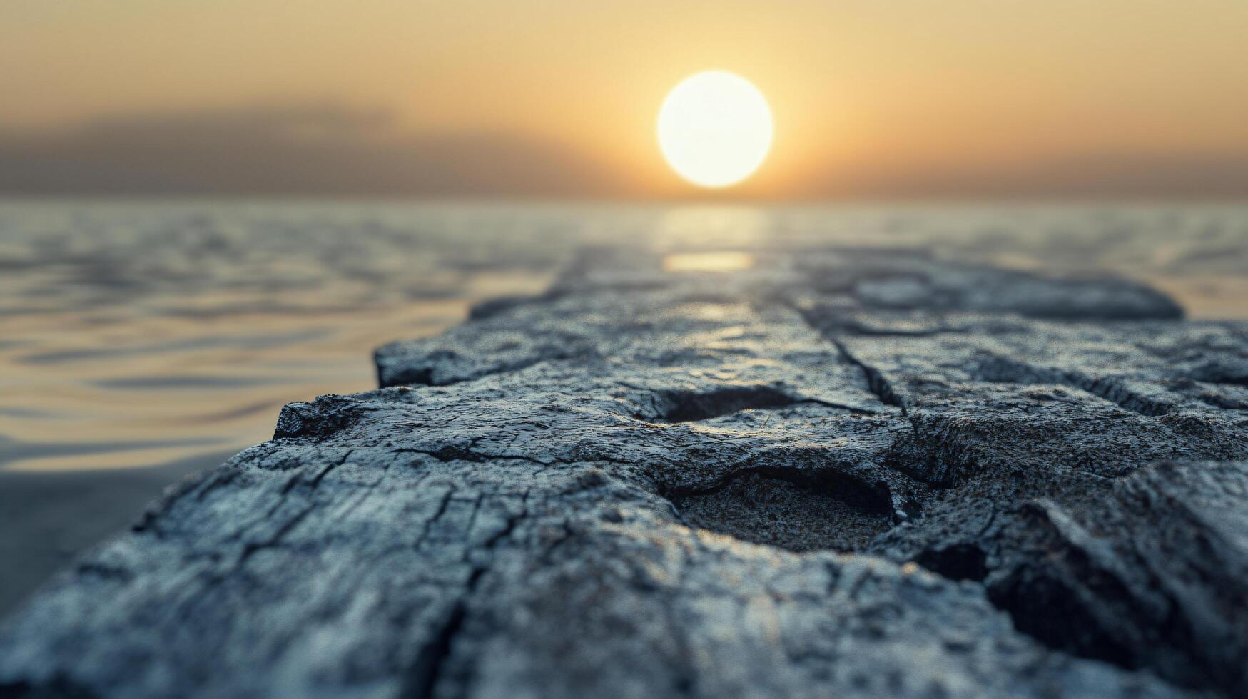 Rocky beach with a large body of water in the background. The sun is setting, casting a warm glow over the scene. The water appears calm and peaceful, with no signs of waves or currents photo