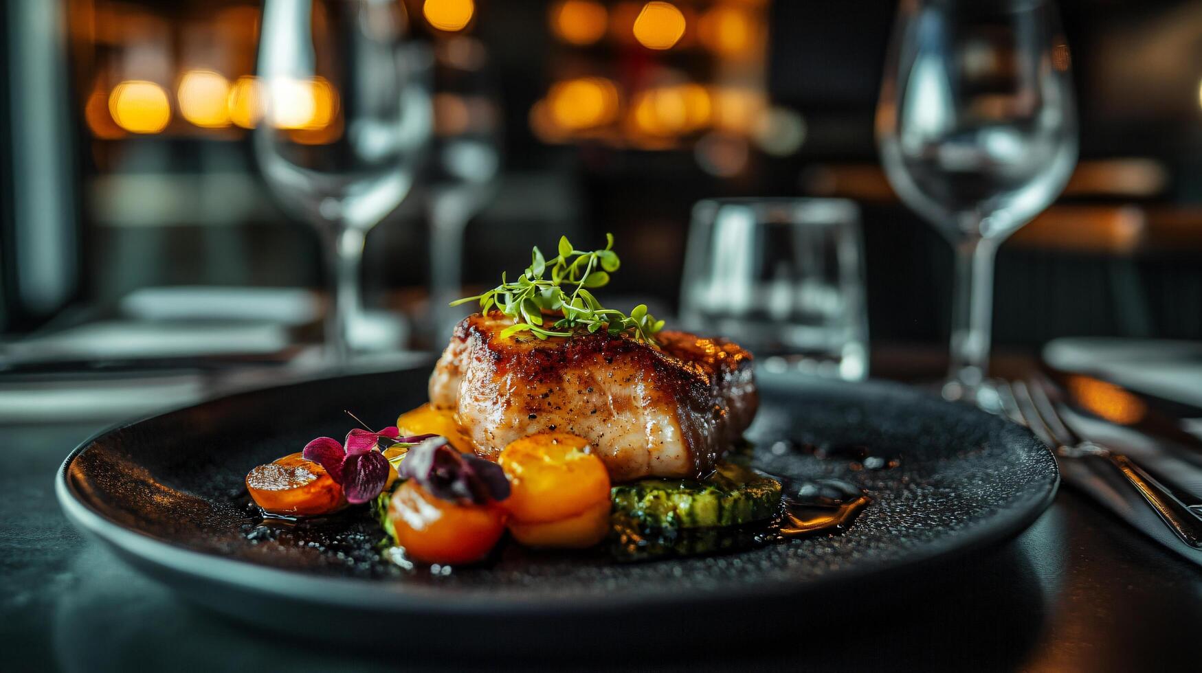 Plate of food with a piece of meat and vegetables on it. The plate is set on a table with a wine glass and a fork. Scene is elegant and sophisticated photo