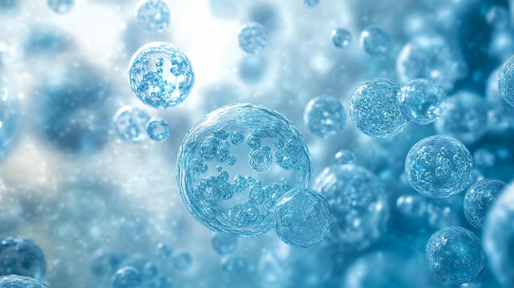 Blue background with many small blue spheres. The spheres are all different sizes and are scattered throughout the image. Scene is calm and serene, as the blue color photo