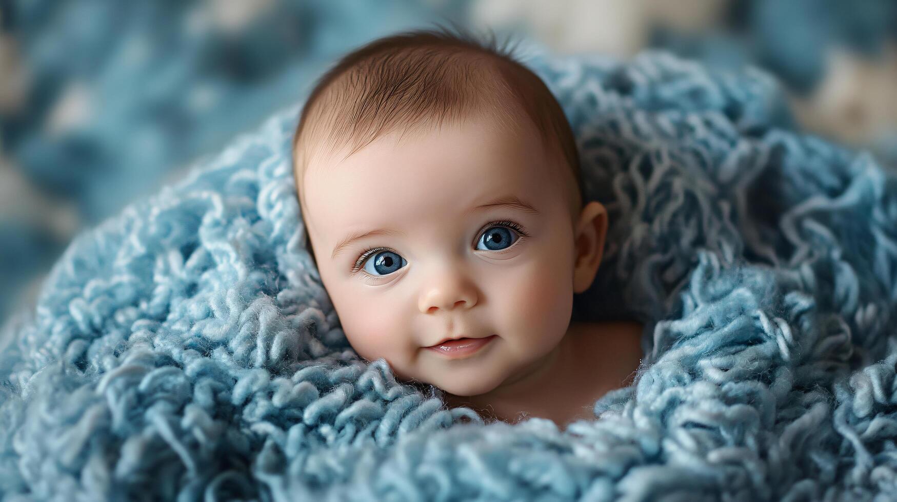Baby is laying in a blue blanket with a blue blanket. The baby has blue eyes and a smile photo
