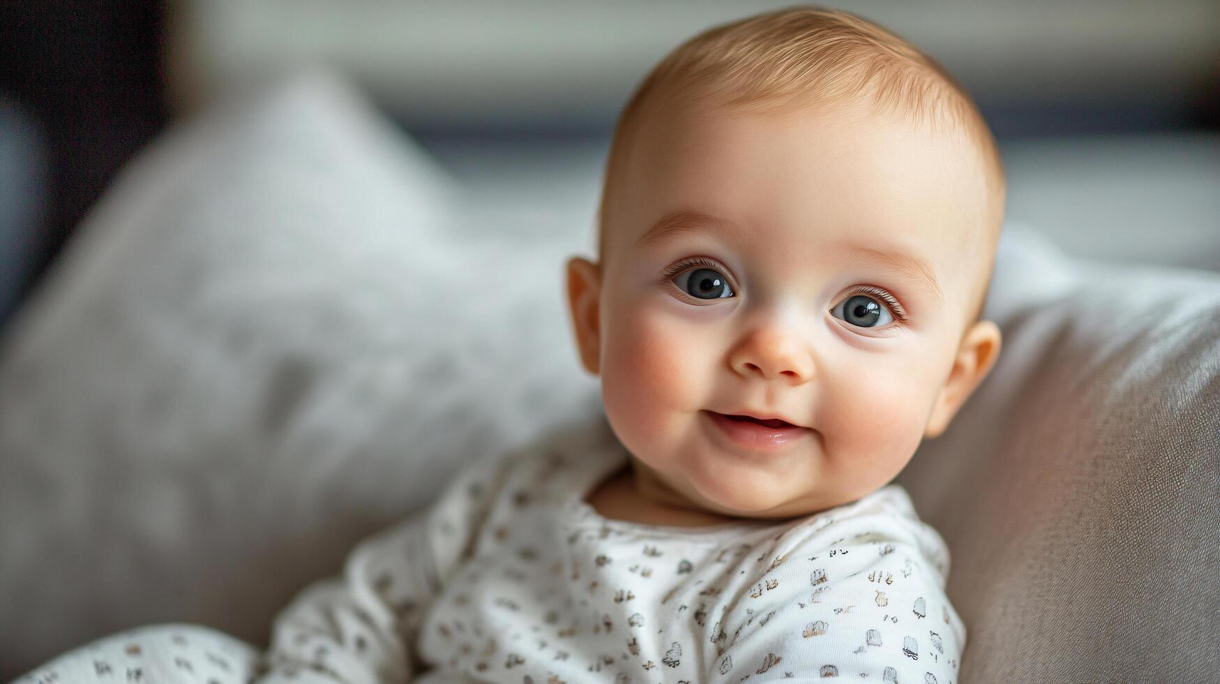 Baby is smiling and looking at the camera. The baby is wearing a white outfit and is sitting on a pillow photo