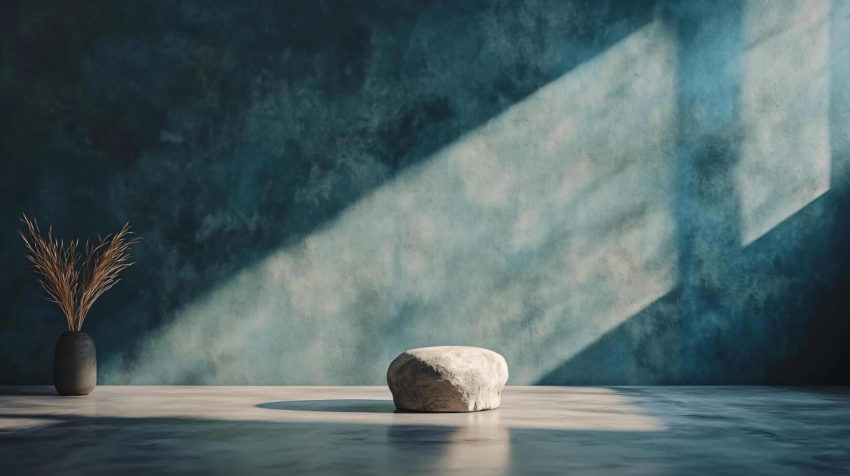 Stone is sitting on a floor in front of a wall. The stone is white and the wall is blue photo