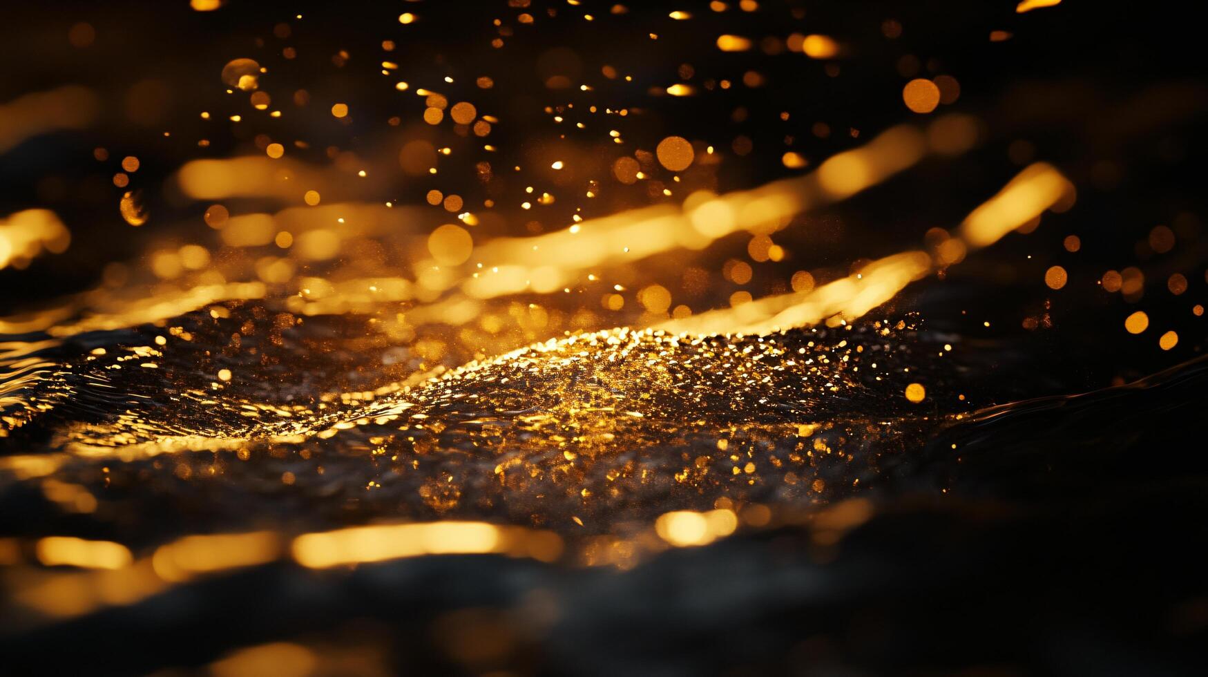 The image is of a body of water with a lot of gold glitter in it. The glitter is scattered throughout the water, creating a shimmering effect. The water appears to be calm and peaceful photo