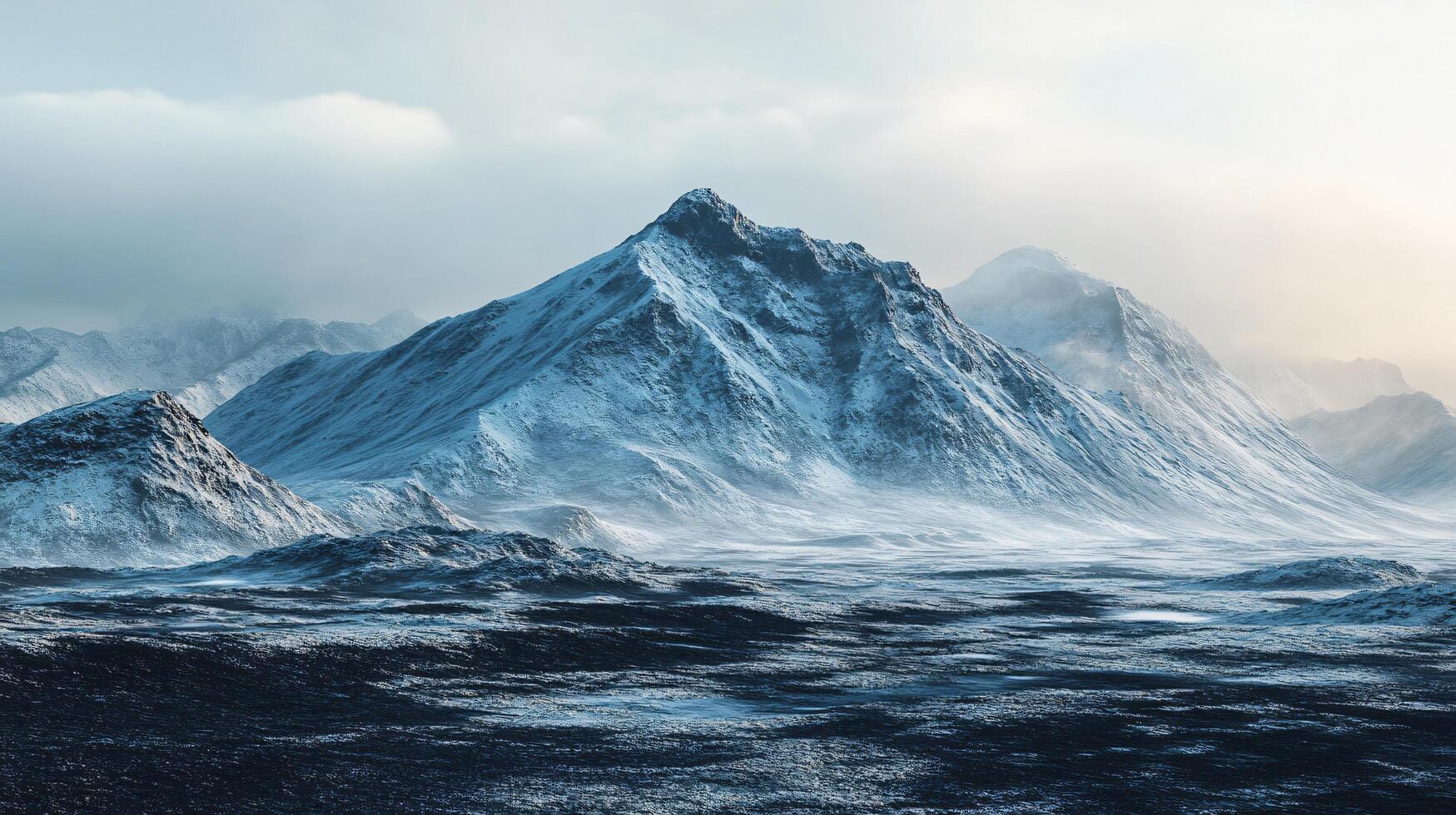 Mountain range covered in snow with a clear blue sky in the background. The scene is peaceful and serene, with the snow-covered mountains creating a sense of calmness and tranquility photo