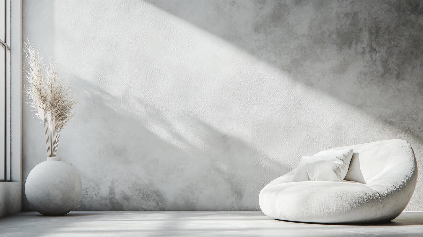 White room with a white couch and a white vase. The room is empty and has a minimalist feel photo