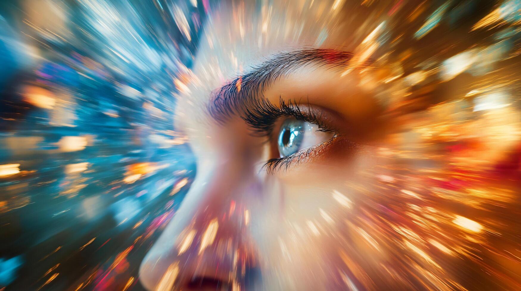 Woman's face is blurred in a colorful, abstract background. The eye is the only clear feature, and it is looking at the viewer. Scene is one of mystery and intrigue photo