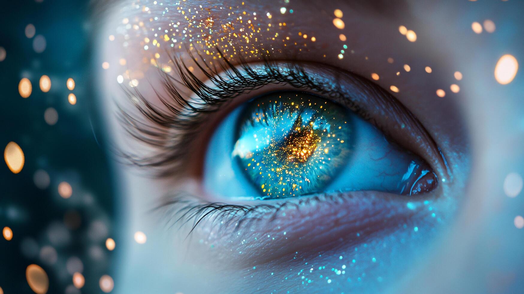 Person's eye is reflected in a blue sky with a few stars. The eye is surrounded by a glittery effect, giving it a dreamy and ethereal appearance photo