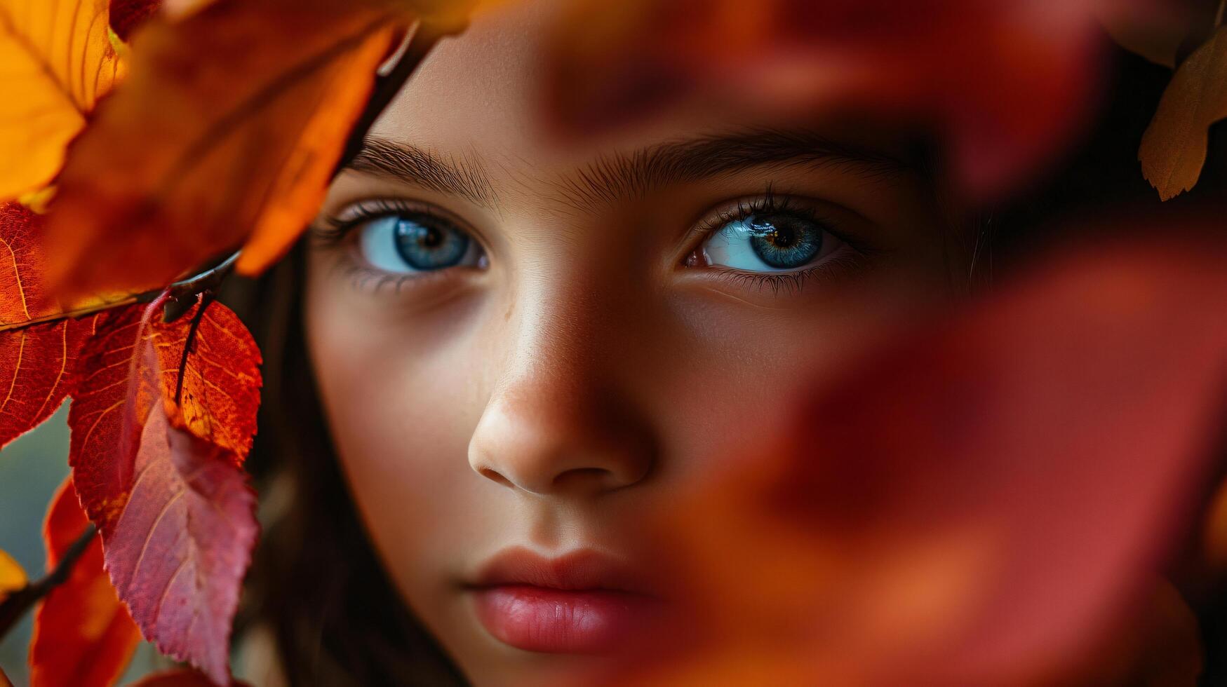 Young girl with blue eyes and a red nose is looking at the camera. The image is a close up of her face, with the leaves of a tree behind her. The leaves are orange and red, creating a warm photo