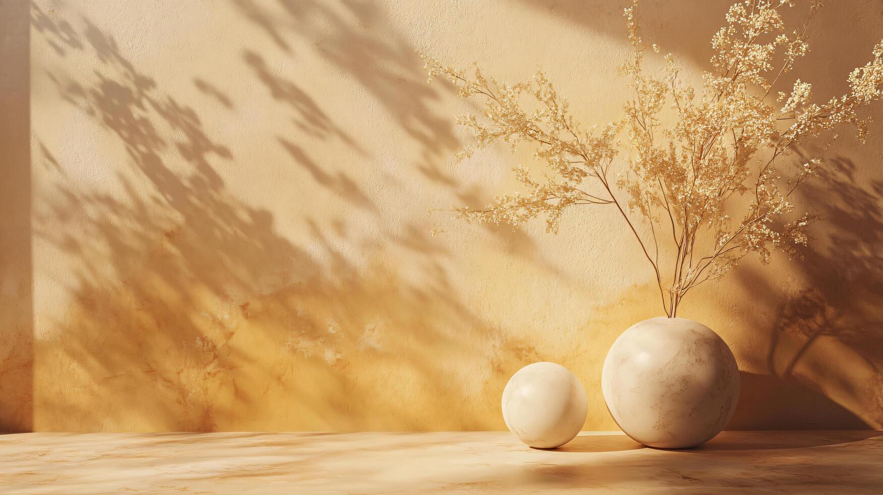 Vase with a white ball and a plant in the background. The vase is on a table and the plant is in the foreground. The scene has a calm and peaceful mood photo