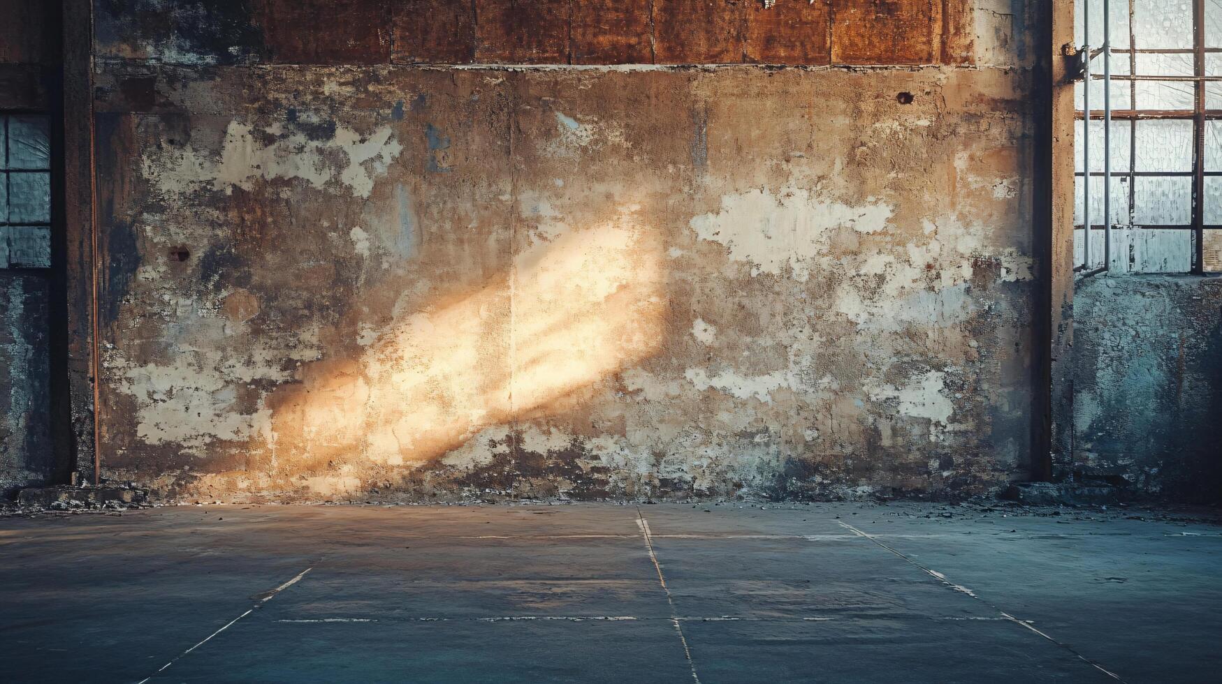 Large, empty room with a wall that is covered in graffiti. The room is dimly lit, with a single light shining on the wall. Scene is somewhat bleak and desolate photo