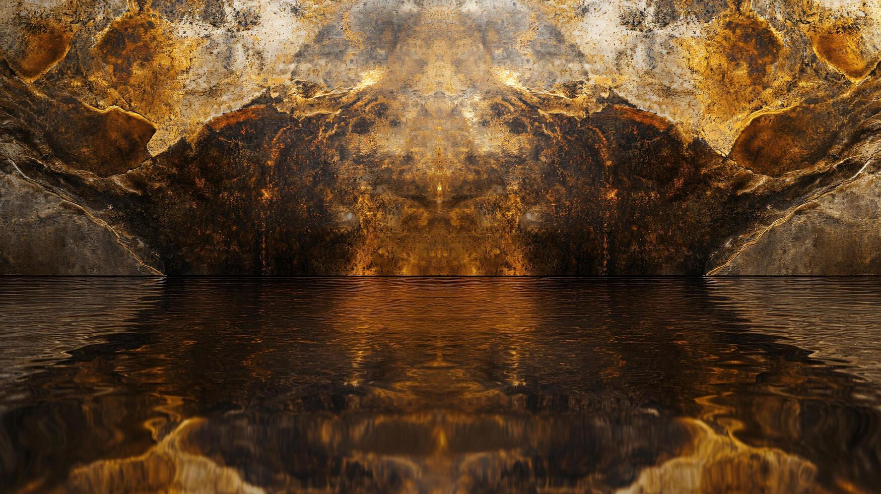 Painting of a body of water with a reflection of a mountain in the background. The mood of the painting is serene and peaceful photo