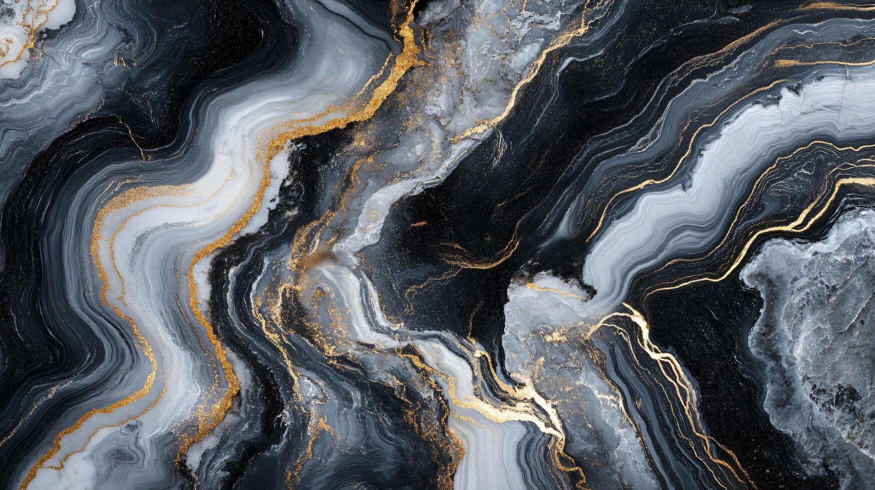 Black and white painting with gold accents that has a wave-like pattern. The gold accents give the painting a luxurious and elegant feel photo
