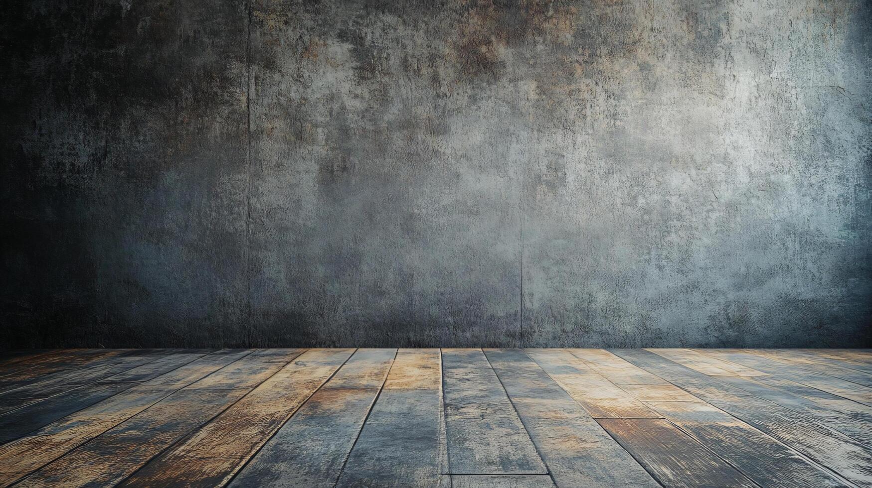 Large empty room with a wooden floor and a wall. The room is bare and empty, with no furniture or decorations. The wooden floor is worn and weathered, giving the room a sense of age and history photo