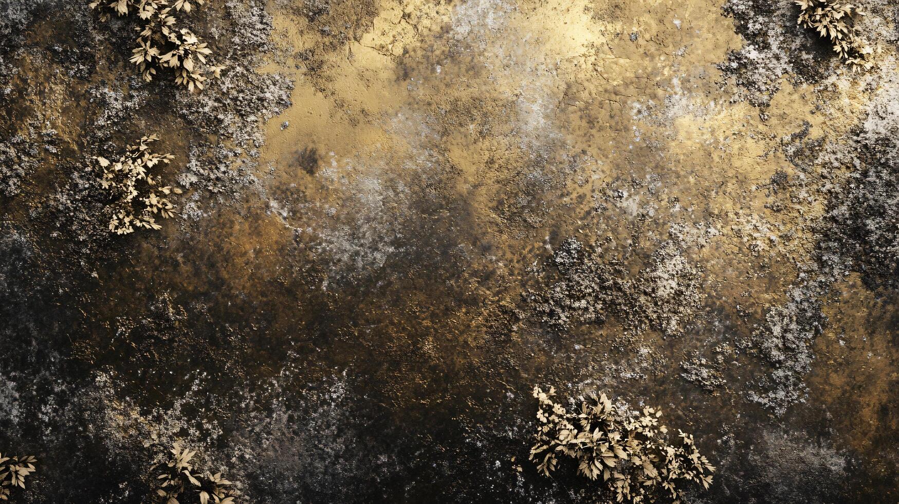 Gold and black background with a lot of texture. The background is a mix of gold and black, with some brown and white elements. The texture of the background is rough and grainy photo