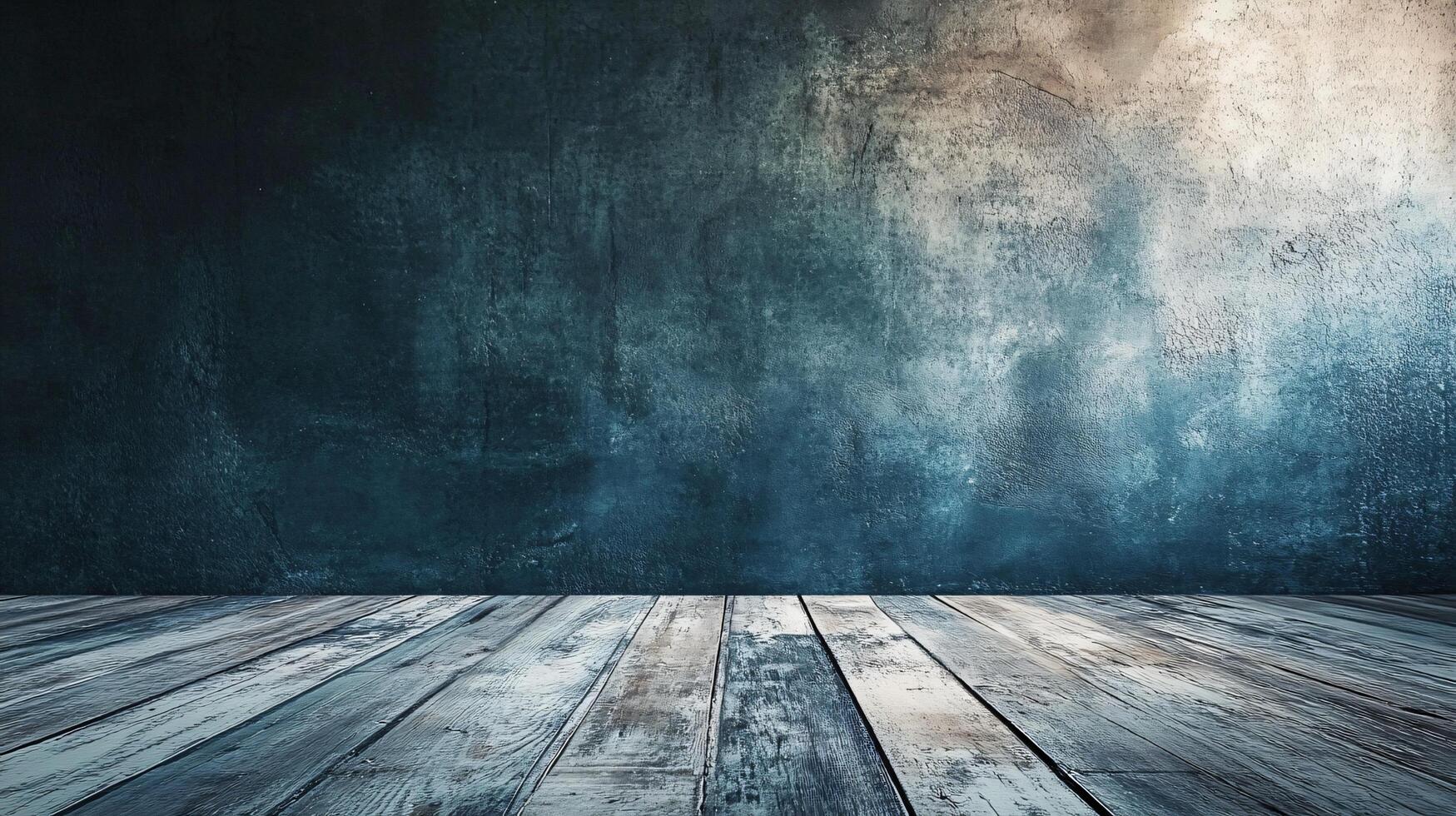 Wooden floor with a blue wall in the background. The floor is empty and the wall is covered in a textured paint photo