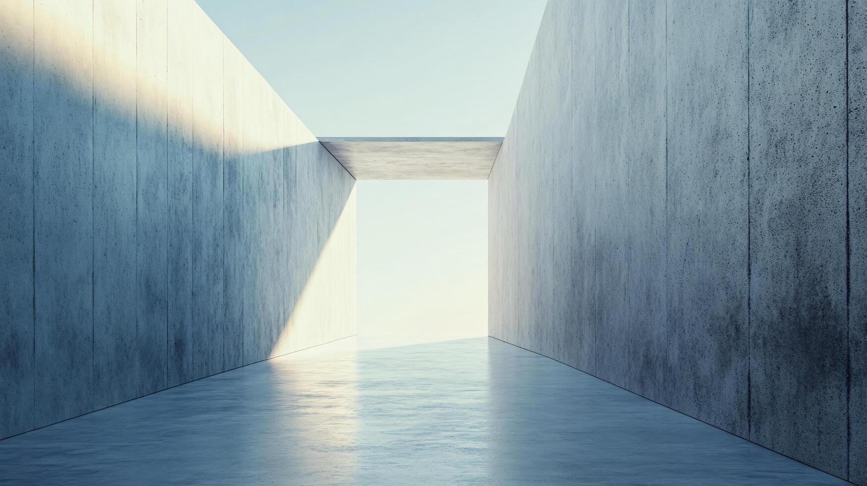 Long, narrow hallway with a large, open doorway. The light shining through the doorway creates a sense of spaciousness and openness photo