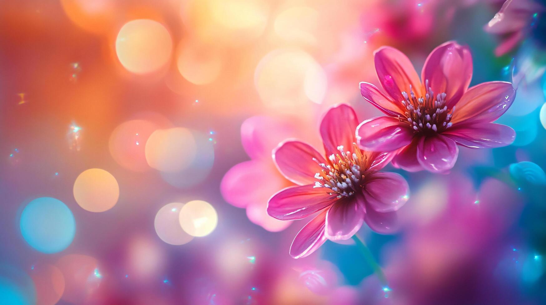 Close up of two pink flowers with a blurry background. The flowers are surrounded by a colorful background with a lot of light and sparkles. Scene is bright and cheerful photo