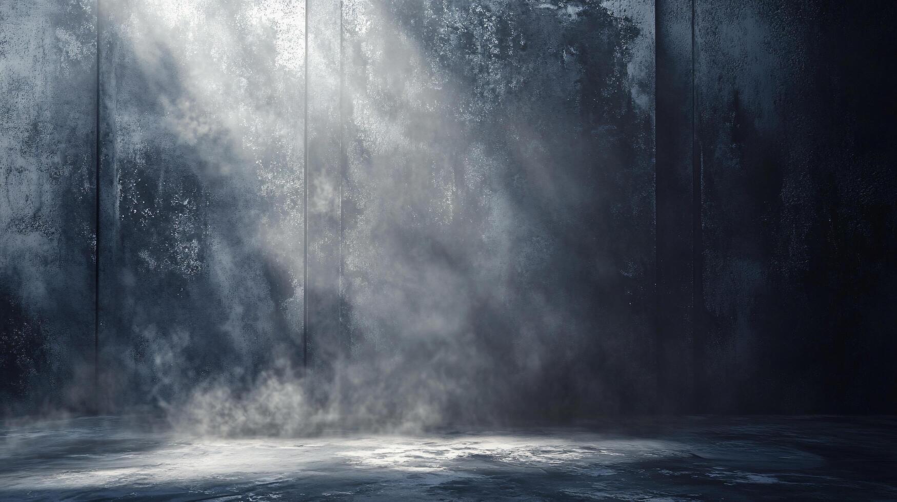 Dark room with a foggy mist and a light shining through the window. The room is empty and the light is coming from the outside photo