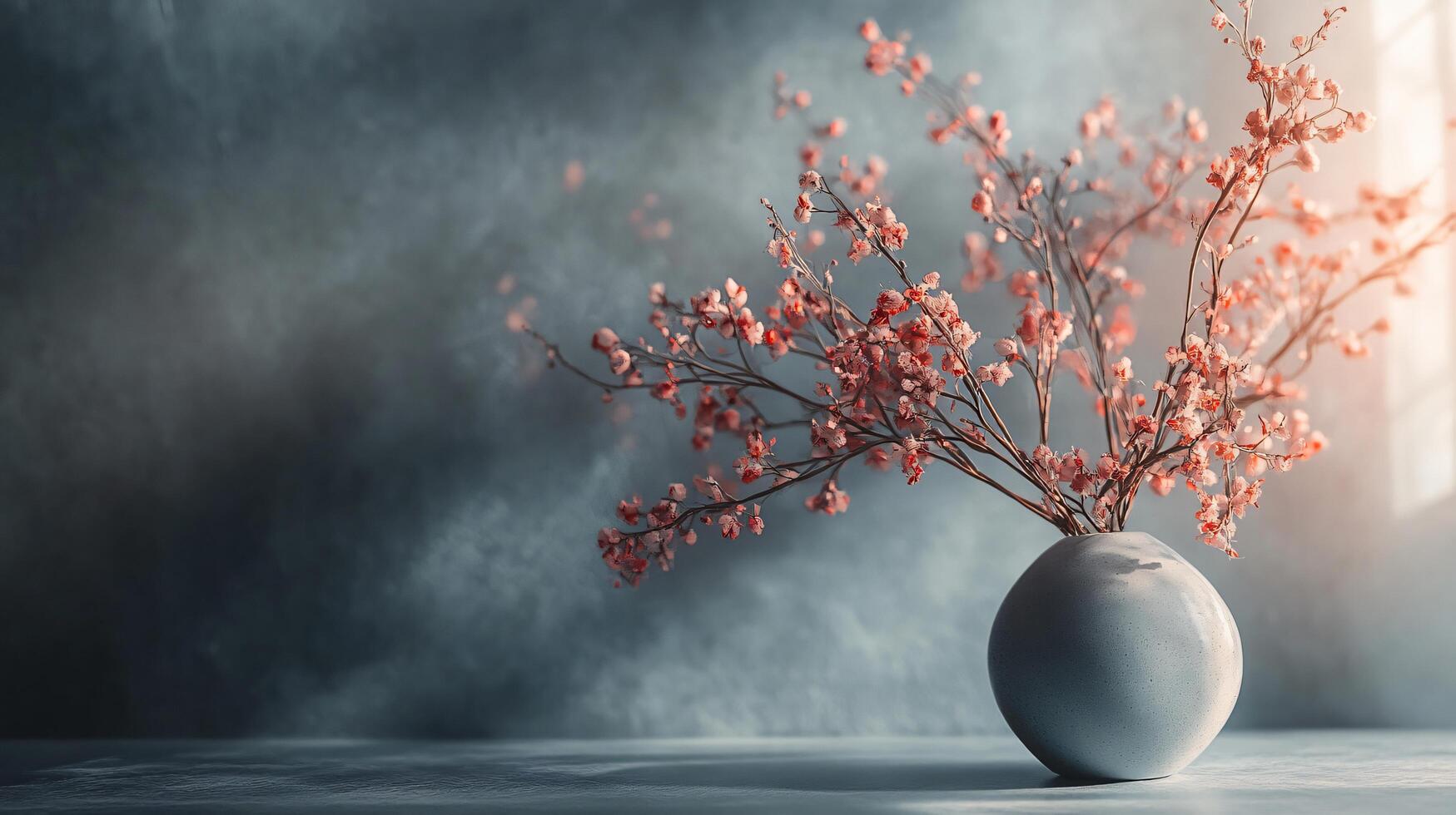 Vase with a single pink flower in it sits on a table. The vase is white and the flower is red. The image has a calm and peaceful mood, as the flower is the only object in the scene photo