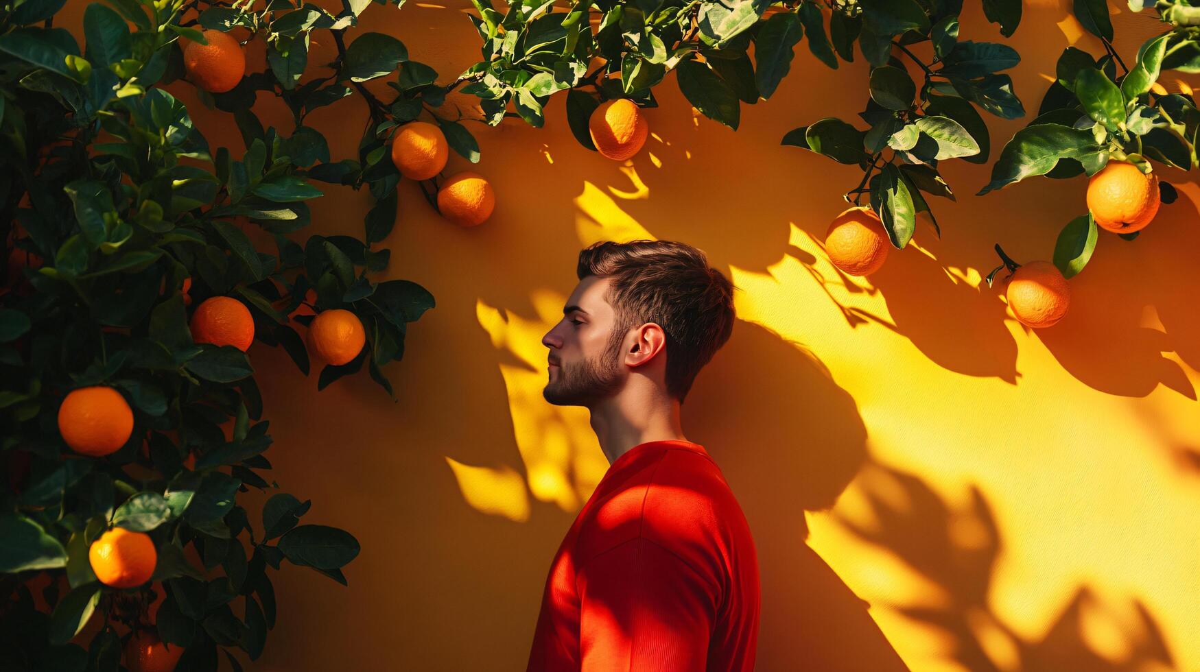Man in a red shirt stands in front of a wall covered in oranges. The oranges are hanging from the wall and the man is looking at them. The scene has a warm and inviting mood, as the oranges photo