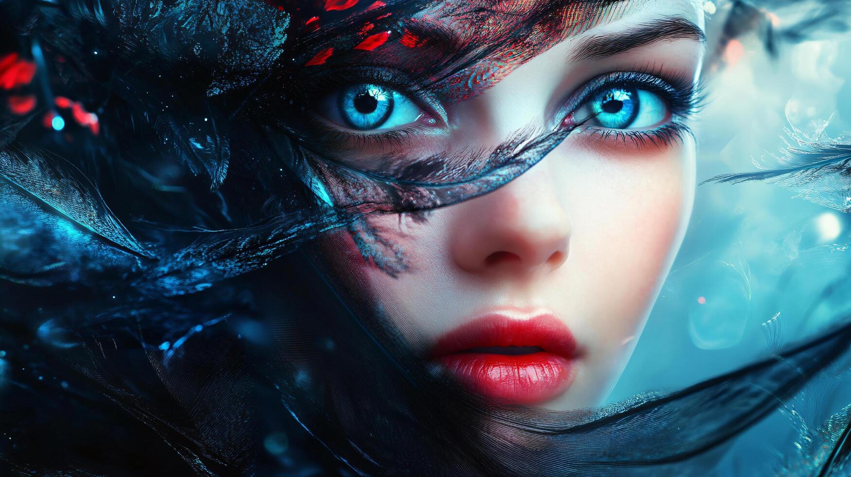 Woman with blue eyes and red lips is shown in a blurry image. The woman's face is obscured by a curtain, giving the impression of a mysterious and alluring beauty photo