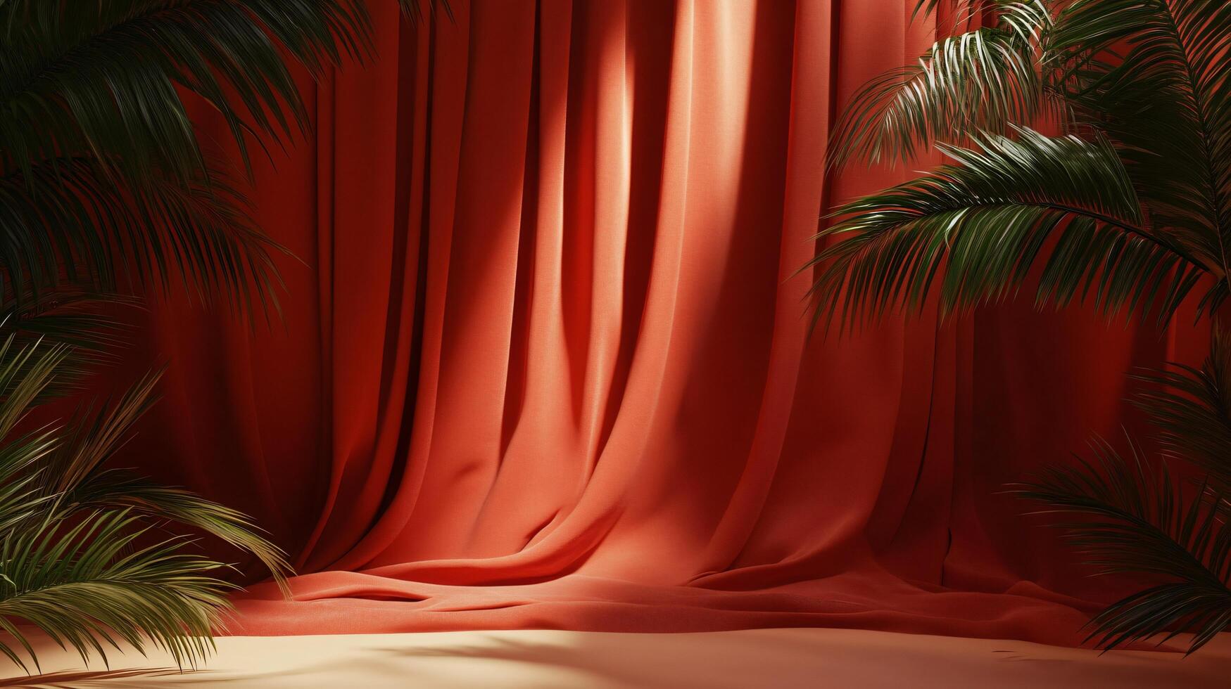 Red curtain hangs in front of a green palm tree. The curtain is draped over a wall, and the palm tree is in the foreground. The scene is set in a tropical environment, with the red curtain photo