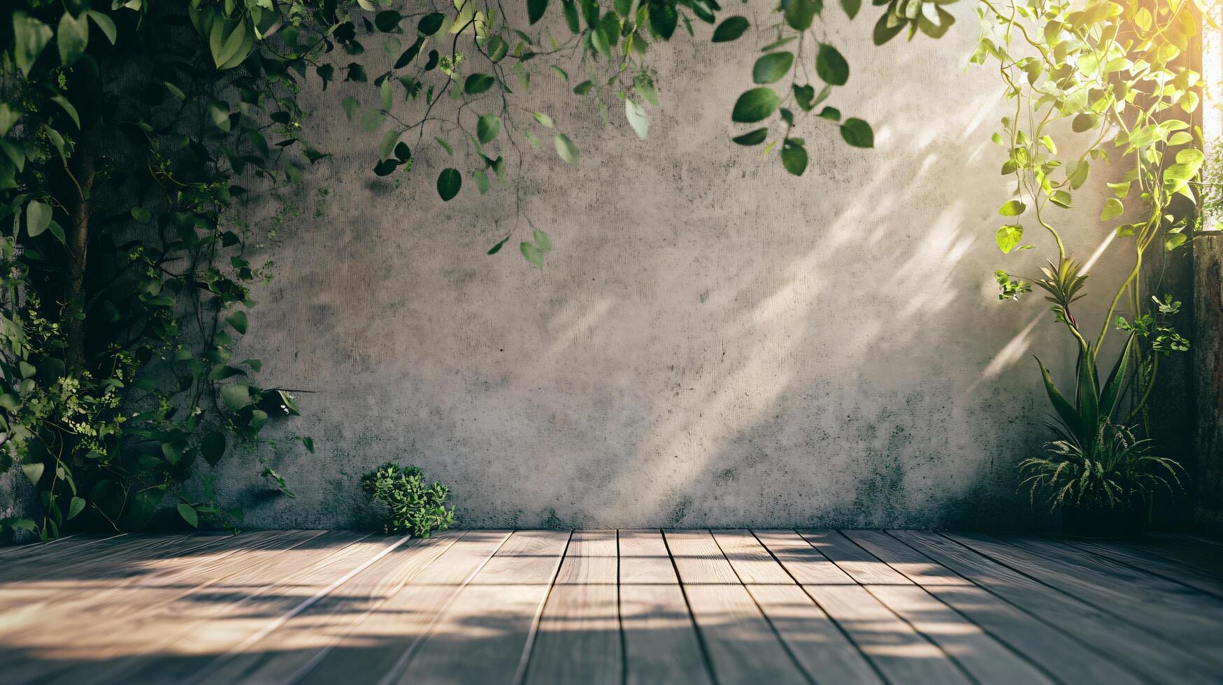Large empty room with a wall of greenery and a wooden floor. The room is filled with sunlight, creating a warm and inviting atmosphere photo