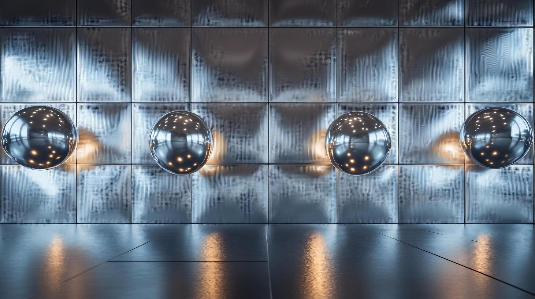 Room with four lighted spheres on the wall. The room is empty and the spheres are the only objects in the room photo