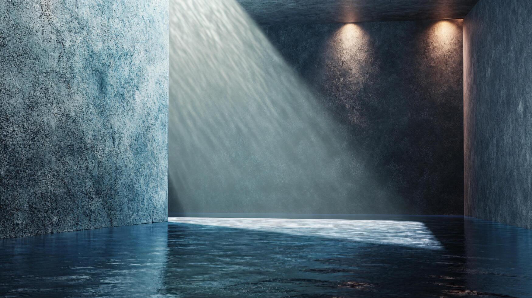 Dark room with a blue wall and a pool of water. The room is illuminated by a light shining on the water photo