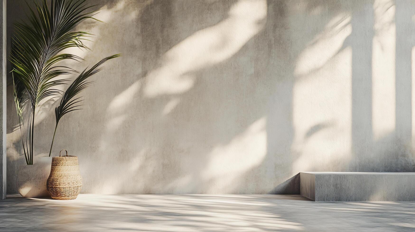 White wall with a plant in a basket and a bench in the background. The wall is empty and the plant is the only decoration photo