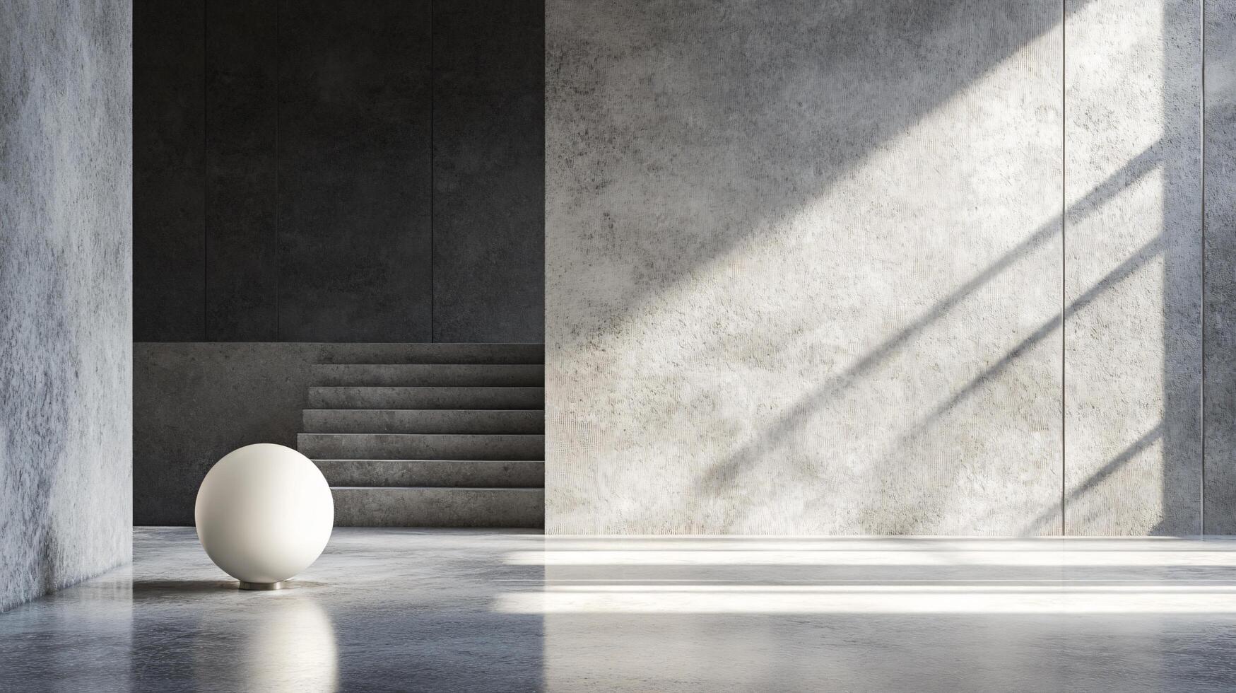 White ball is sitting on a concrete floor in a large, empty room. The room is bare and stark, with no furniture or decorations. The ball is the only object in the room photo