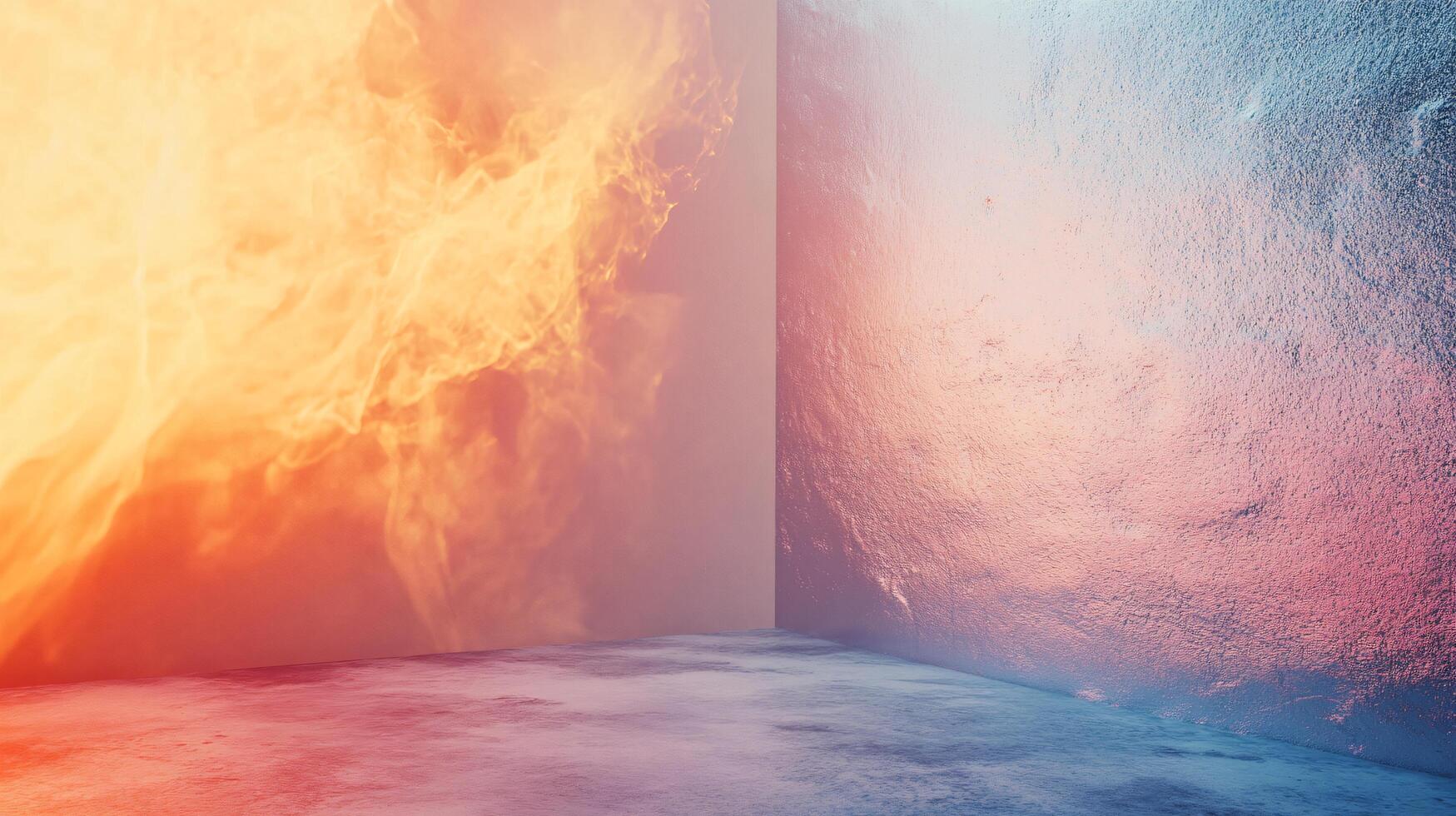 Room with a fire and a wall with a lot of holes. The fire is orange and yellow photo