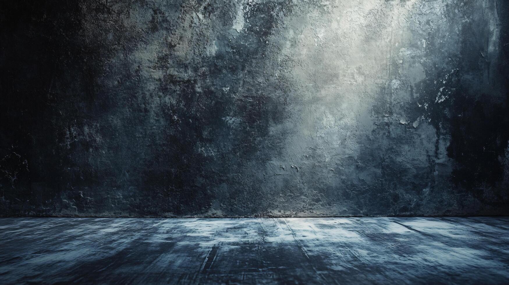 Large, empty room with a blue wall and a wooden floor. The room is bare and empty, with no furniture or decorations. The blue wall and wooden floor create a sense of calm and serenity photo