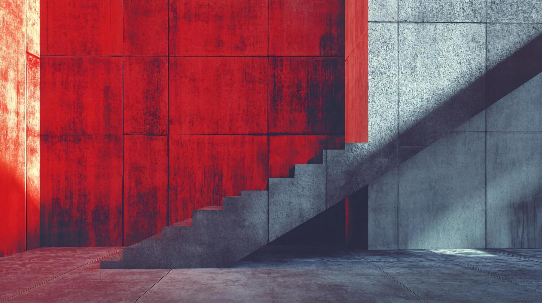 Stairway with a red wall in the background. The wall is covered in graffiti and the stairs are made of concrete photo