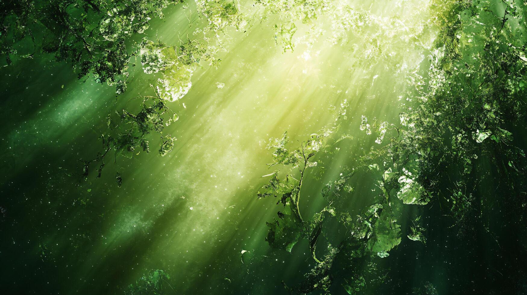 Green forest with sunlight shining through the leaves. The light is scattered and creates a peaceful atmosphere photo