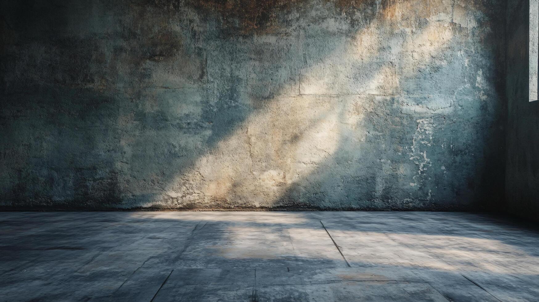Large empty room with a wall that is covered in cracks and has a grey color. The room is very bare and empty photo