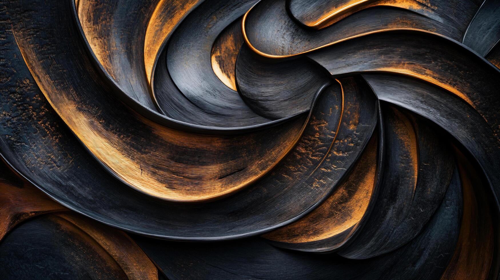 Black and gold swirl with a dark blue background. The swirl is made up of many small lines and curves. The image has a sense of movement and energy, as if it is in motion photo