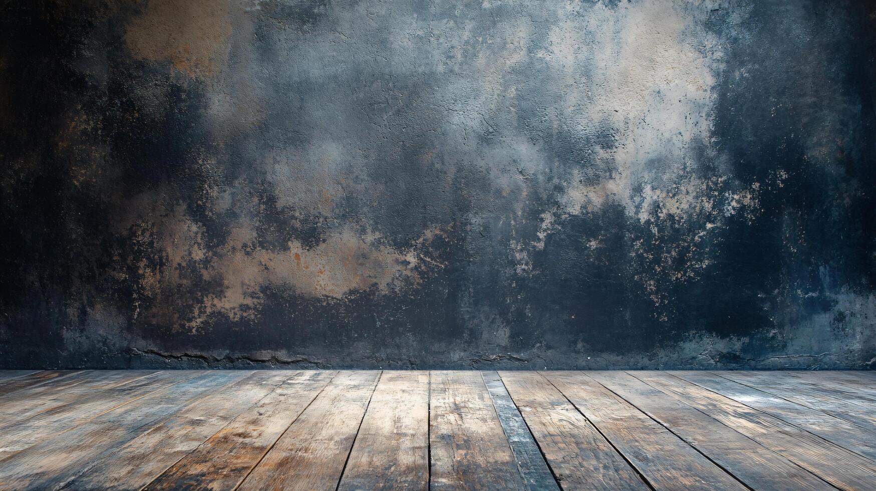 Large, empty room with a wooden floor and a wall with a blue paint. The room is bare and empty, with no furniture or decorations. The blue paint on the wall gives the room a cool, calming atmosphere photo