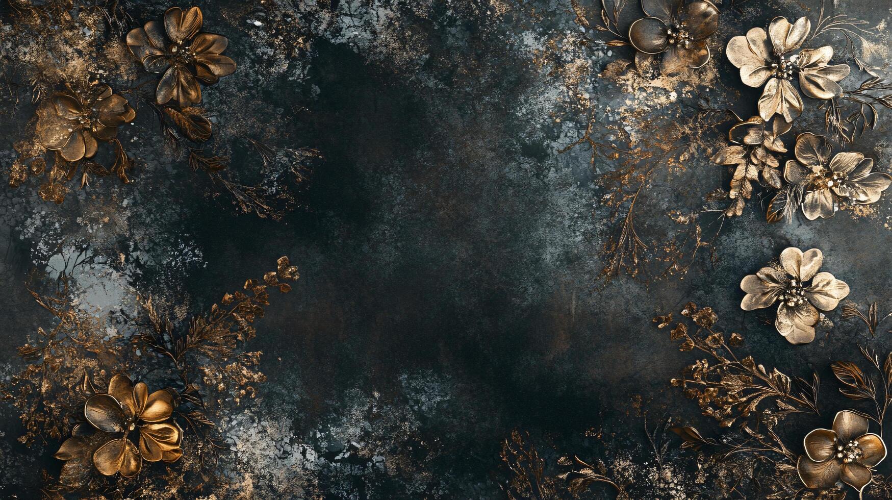 Black and gold background with flowers. The flowers are scattered throughout the background photo