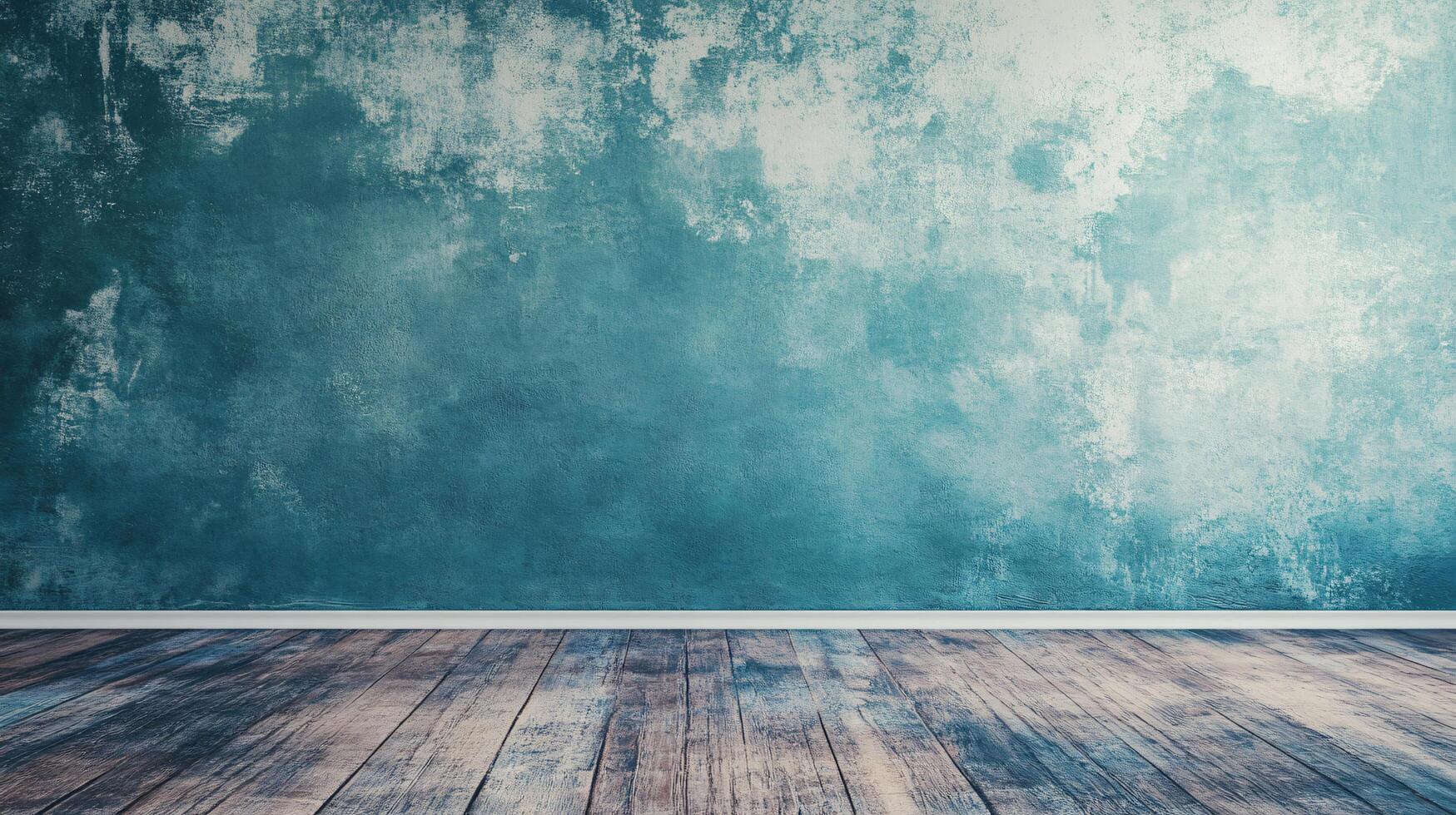 Blue wall with a wooden floor. The wall is covered in a textured paint that gives it a rough, unfinished look. The floor is made of wood and has a natural, rustic feel to it photo