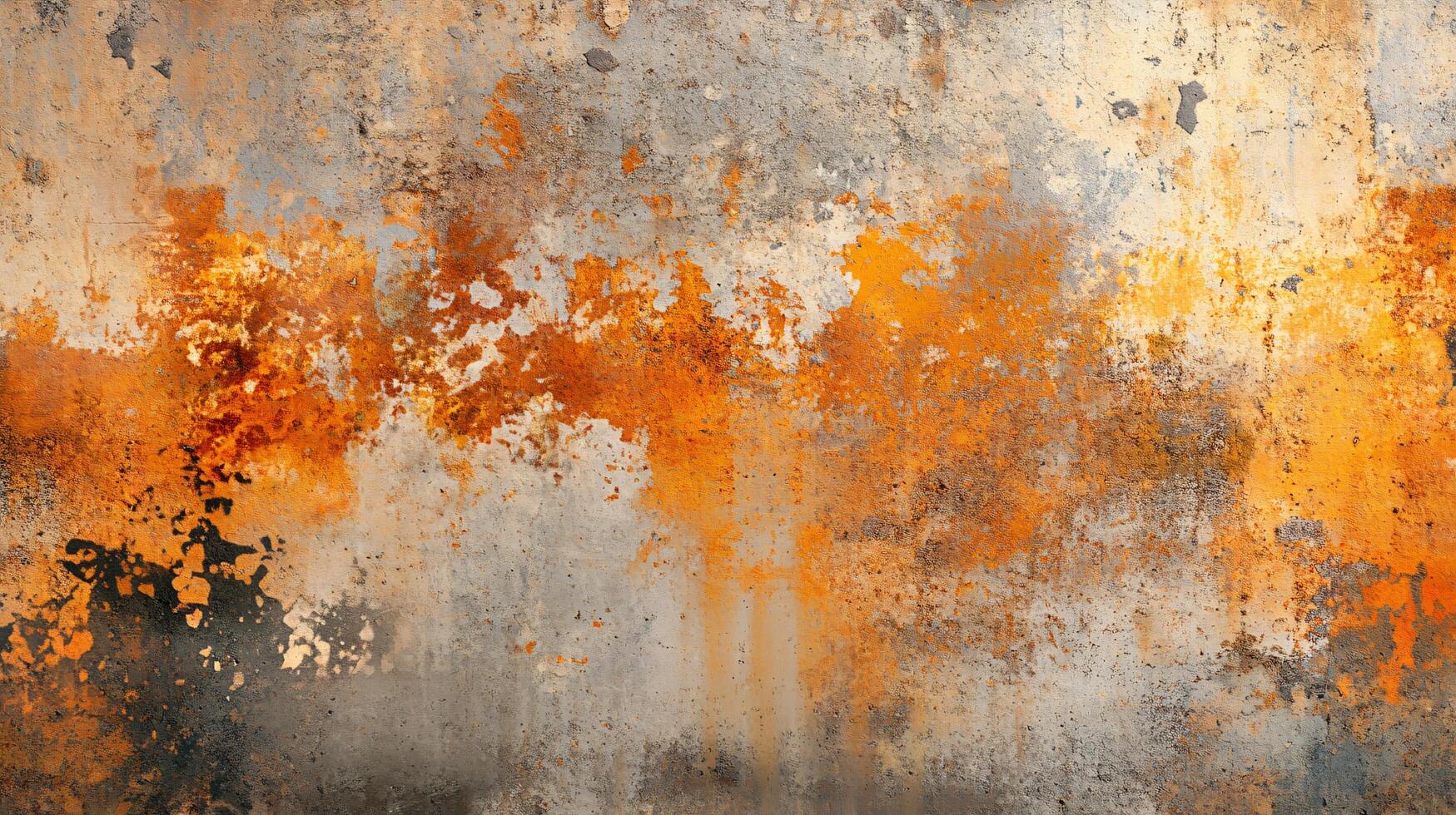 Painting of a wall with orange splatters and a grey background. The painting has a mood of chaos and disorder photo