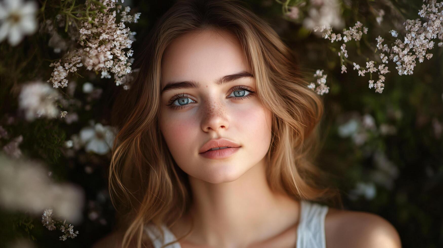 Woman with long blonde hair and blue eyes is standing in a field of flowers. She is wearing a white tank top and she is enjoying the beauty of the flowers around her photo