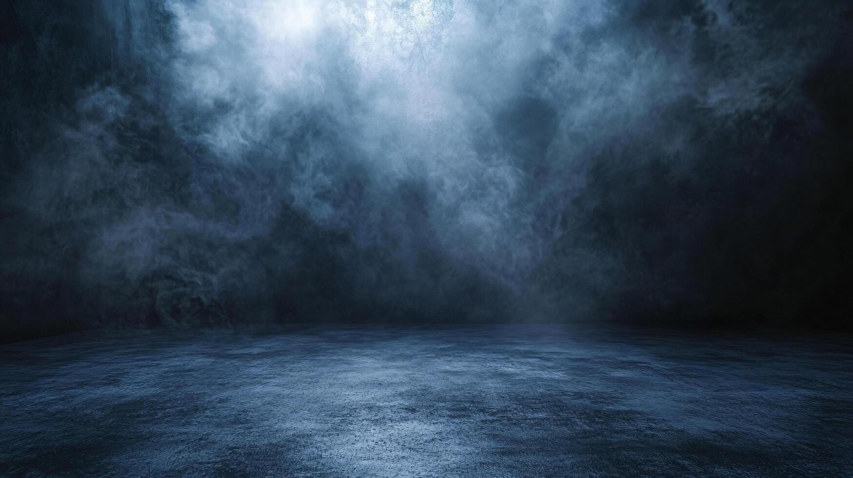 Dark room with a blue sky and a white cloud. The sky is filled with smoke and the room is empty photo