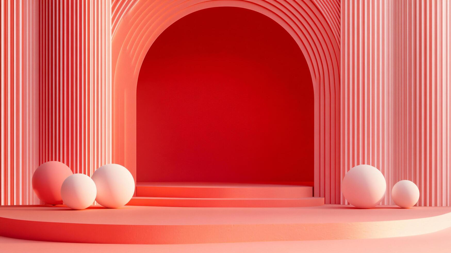 Red room with white balls and a red archway. The room is empty and the archway is the only decoration photo