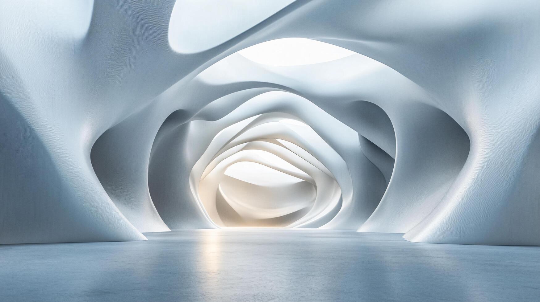 Large, white room with a curved ceiling and a long, narrow hallway. The room is empty and the hallway is lit by a single light source. The space has a minimalist feel and is open and airy photo