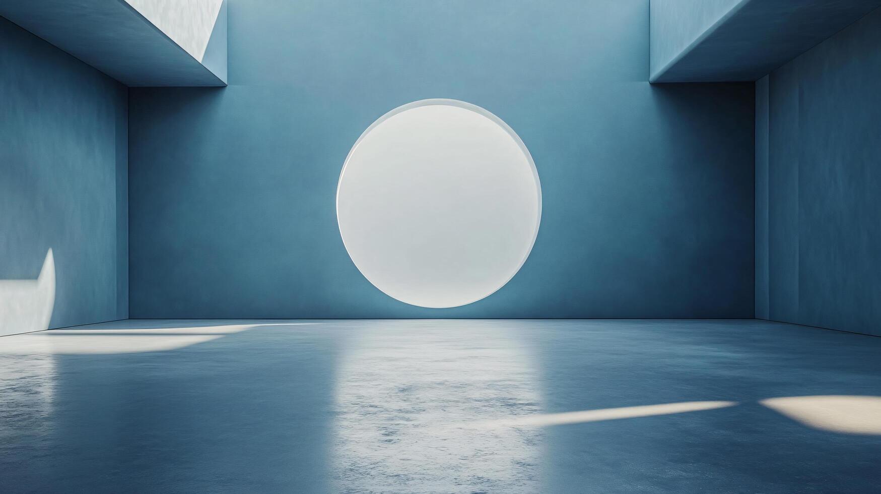 Large, circular window in a room with a blue wall. The window is the only source of light in the room photo
